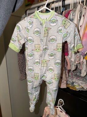 Baby One-Piece Footed Pajamas - Light Gray with Green Baby Character